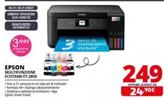 Epson - EcoTank ET-2850 Stampante Multifunzione Inkjet 3-in-1 A4, Serbatoi Ricaricabili Alta Capacità, 5 Flaconi Inclusi Pari A 14000pag B/N 5200pag Colore, Wi-FI Direct, USB