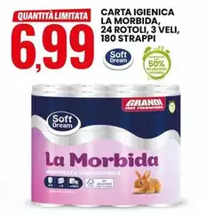 Soft - Carta Igienica La Morbida, 24 Rotoli, 3 Veli, 180 Strappi