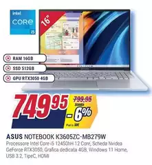 Asus - Notebook K3605ZC-MB279W