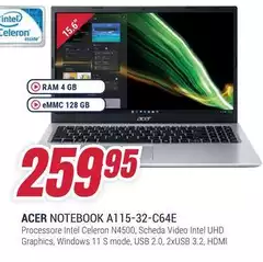 Acer - Aspire 1 A115-32-C64E Intel® Celeron® N N4500 Computer Portatile 39,6 Cm (15.6") Full HD 4 GB DDR4-SDRAM 128 GB eMMC Wi-Fi 5 (802.11ac) Windows 11 Home In S Mode Argento
