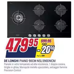 De Longhi - NSL 590D NCM Piano Cottura Nero Da Incasso 90 Cm Gas 5 Fornello(i)