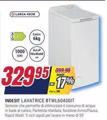 Indesit - Turn&GO Lavatrice A Libera Installazione BTW L60400 IT - BTW L60400 IT