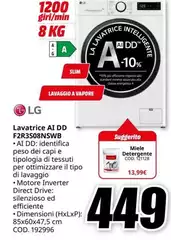 LG - F2R3S08NSWB Lavatrice 8 Kg 1200 Giri/min A-10%, Vapore, Bianco, Porsi
