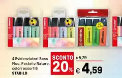 Stabilo - 4 Evidenziatori Boss Fluo, Pastel O Nature, Colori Assortiti