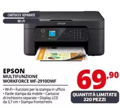 Epson - WorkForce WF-2910DWF Stampante Multifunzione A4 Getto D'inchiostro (stampa, Scansione, Copia) Display LCD 3.7cm, WiFi Direct, AirPrint, 3 Mesi Inchiostro Incluso Con ReadyPrint