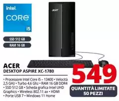 Acer - Aspire XC-1780 Intel® Core™ I5 I5-13400 16 GB DDR4-SDRAM 512 GB SSD Desktop PC Nero