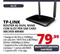 Tp Link - Archer MR400 Router Wireless Fast Ethernet Dual-band (2.4 GHz/5 GHz) 4G Nero