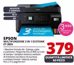 Epson - EcoTank ET-3850 Ad Inchiostro A4 4800 X 1200 DPI 33 Ppm Wi-Fi