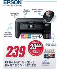 Epson - EcoTank ET-2850 Stampante Multifunzione Inkjet 3-in-1 A4, Serbatoi Ricaricabili Alta Capacità, 5 Flaconi Inclusi Pari A 14000pag B/N 5200pag Colore, Wi-FI Direct, USB