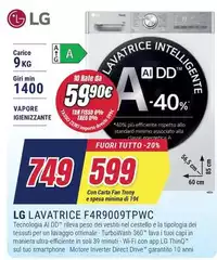 LG - F4R9009TPWC Lavatrice 9kg AI DD, Classe A-40%, 1400 Giri, TurboWash, Vapore