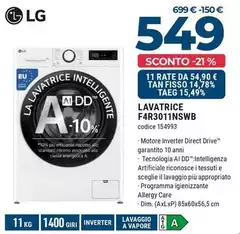 LG - F4R3011NSWB Lavatrice 11kg AI DD, Classe A-10%, 1400 Giri, Lavaggio A Vapore