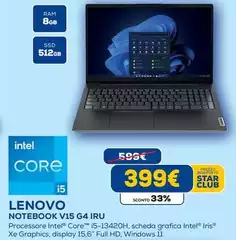 Lenovo - V15 G4 IRU Intel® Core™ I5 i5-13420H Computer Portatile 39,6 Cm (15.6") Full HD 8 GB DDR4-SDRAM 512 GB SSD Wi-Fi 5 (802.11ac) Windows 11 Pro Portoghese Nero