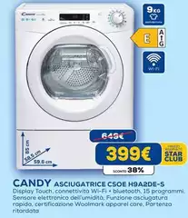 Candy - Smart Pro CSOE H9A2DE-S Asciugatrice Libera Installazione Caricamento Frontale 9 Kg A++ Bianco