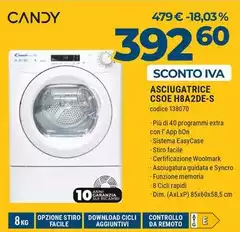 Candy - Smart Pro CSOE H8A2DE-S Asciugatrice Libera Installazione Caricamento Frontale 8 Kg A++ Bianco
