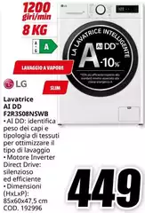 LG - F2R3508NSWB Lavatrice 8kg AI DD, Classe A-10%, 1200 giri, Vapore