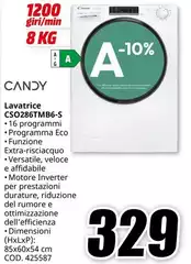 Candy - CSO286TMMB6-S Lavatrice Caricamento Frontale 8 Kg 1200 Giri/Min A-10% Grigio