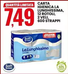 Soft Dream - Carta Igienica La Lunghissima, 12 Rotoli, 2 Veli 600 Strappi