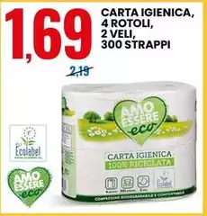 Amo Essere Eco - Carta Igienica, 4 Rotoli, 2 Veli, 300 Strappi