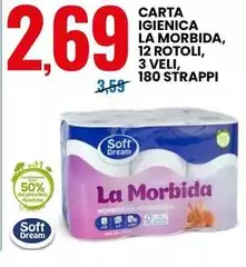 Soft Dream - Carta Igienica La Morbida, 12 Rotoli, 3 Veli, 180 Strappi