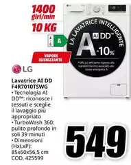 LG - F4R7010TSWG Lavatrice 10kg AI DD, Classe A-10%, 1400 giri, Turbowash, Vapore