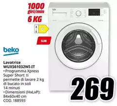 Beko - WUXS61032WI-IT Lavatrice Caricamento Frontale 6 Kg 1000 Giri/min Bianco