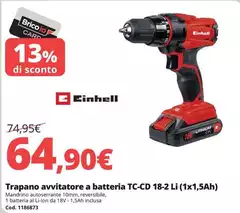 Einhell - Trapano Avvitatore A Batteria TC-CD 18-2 Li (1x1,5ah)