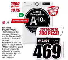 LG - F4WR6010AGW lavatrice Caricamento frontale 10 kg 1400 Giri/min A Bianco
