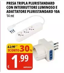 Presa Tripla Pluristandard Con Interruttore Luminoso E Adattatore Pluristandard 10a Presa Tripla Pluristandard Con Interruttore Luminoso E Adattatore Pluristandard 10a