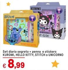 Penna - Set Diario Segreto +  E Stickers, Hello Kitty, Stitch O Unicorno