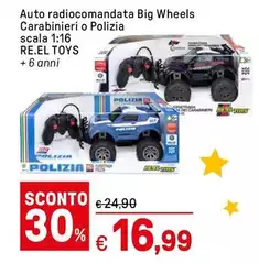 Re.el toys - Auto Radiocomandata Big Wheels Carabinieri O Polizia Scala 1:16