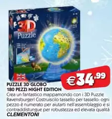 Clementoni - Puzzle 3D Globo 180 Pezzi Night Edition