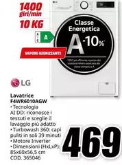 LG - F4WR6010AGW lavatrice Caricamento frontale 10 kg 1400 Giri/min A-10% 1200 Giri/min Bianco LG - F4WR6010AGW lavatrice Caricamento frontale 10 kg 1400 Giri/min A-10% 1200 Giri/min Bianco