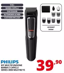 Philips - MULTIGROOM Series 3000 Rasoio Rifinitore All-In-One 9 In 1 Con 9 Accessori Per Barba, Capelli E Naso MG3740/15