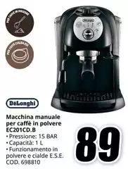 De Longhi - Macchina Manuale Per Caffè In Polvere Ec201cd.b De Longhi - Macchina Manuale Per Caffè In Polvere Ec201cd.b