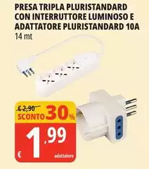 Presa Tripla Pluristandard Con Interruttore Luminoso E Adattatore Pluristandard 10a