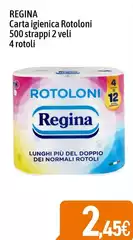 Regina - Carta Igienica Rotoloni 500 Strappi 2 Veli 4 Rotoli Regina - Carta Igienica Rotoloni 500 Strappi 2 Veli 4 Rotoli