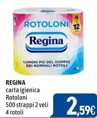 Regina - Carta Igienica Rotoloni 500 Strappi 2 Veli 4 Rotoli Regina - Carta Igienica Rotoloni 500 Strappi 2 Veli 4 Rotoli