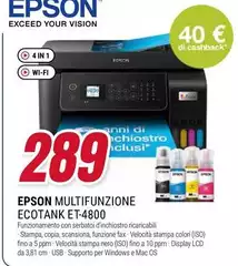 Epson - EcoTank ET-4800 Stampante Multifunzione Inkjet 4-in-1 A4, Serbatoi Ricaricabili Alta Capacità, 4 Flaconi Inclusi Pari A 7500pag B/N 4500pag Colore, Wi-FI Direct, USB Epson - EcoTank ET-4800 Stampante Multifunzione Inkjet 4-in-1 A4, Serbatoi Ricaricabili Alta Capacità, 4 Flaconi Inclusi Pari A 7500pag B/N 4500pag Colore, Wi-FI Direct, USB