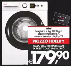 Akai - Lavatrice 7 Kg 1000 Giri Classe Energetica A Motore Inverter Display T1 Akai - Lavatrice 7 Kg 1000 Giri Classe Energetica A Motore Inverter Display T1