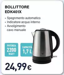 Electroline - EDK401X Bollitore Elettrico 1,7 L 2200 W Nero, Acciaio Inox