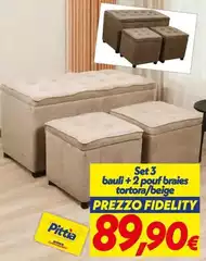 Set 3 Bauli + 2 Pouf Braies Tortora/Beige