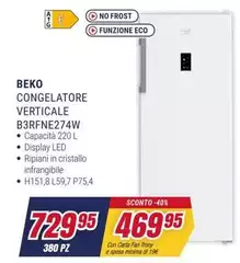Beko - Congelatore Verticale B3RFNE274W Beko - Congelatore Verticale B3RFNE274W