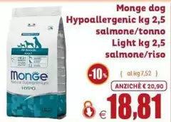 Monge - Dog Hypoallergenic Kg 2,5 Salmone/Tonno Light Kg 2,5 Salmone/Riso