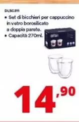 De Longhi - DLSC311 Set Di Bicchieri Per Cappuccino In Vetro Borosilicato A Doppia Parete