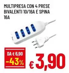 Multipresa Con 4 Prese Bivalenti 10/16A E Spina 16A Multipresa Con 4 Prese Bivalenti 10/16A E Spina 16A