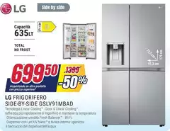 LG - GSLV91MBAD Frigorifero Side-by-Side, Classe D, 635L, Wi-Fi, No Allaccio, UVnano,Acciaio LG - GSLV91MBAD Frigorifero Side-by-Side, Classe D, 635L, Wi-Fi, No Allaccio, UVnano,Acciaio