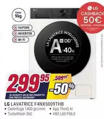 LG - F4NX5009THB Lavatrice 9kg AI DD, Classe A-40%, 1200 Giri, Vapore, AIWash, Vapore