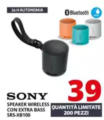 Sony - SRS-XB100 - Speaker Wireless Bluetooth, Portatile, Leggero, Compatto, Da Esterno, Da Viaggio, Resistente IP67 Impermeabile E Antipolvere, Batteria Da 16 Ore, Cinturino Versatile, Chiamate In Vivavoce - Nero