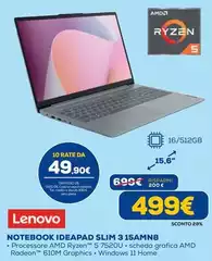Lenovo - IdeaPad Slim 3 15AMN8 AMD Ryzen™ 3 7320U Computer Portatile 39,6 Cm (15.6") Full HD 8 GB LPDDR5-SDRAM 512 GB SSD Wi-Fi 5 (802.11ac) Windows 11 Home Italiano Blu