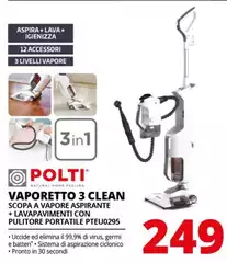 Polti - Vaporetto 3 Clean Scopa A Vapore Aspirante + Lavapavimenti Con Pulitore Portatile PTEU0295